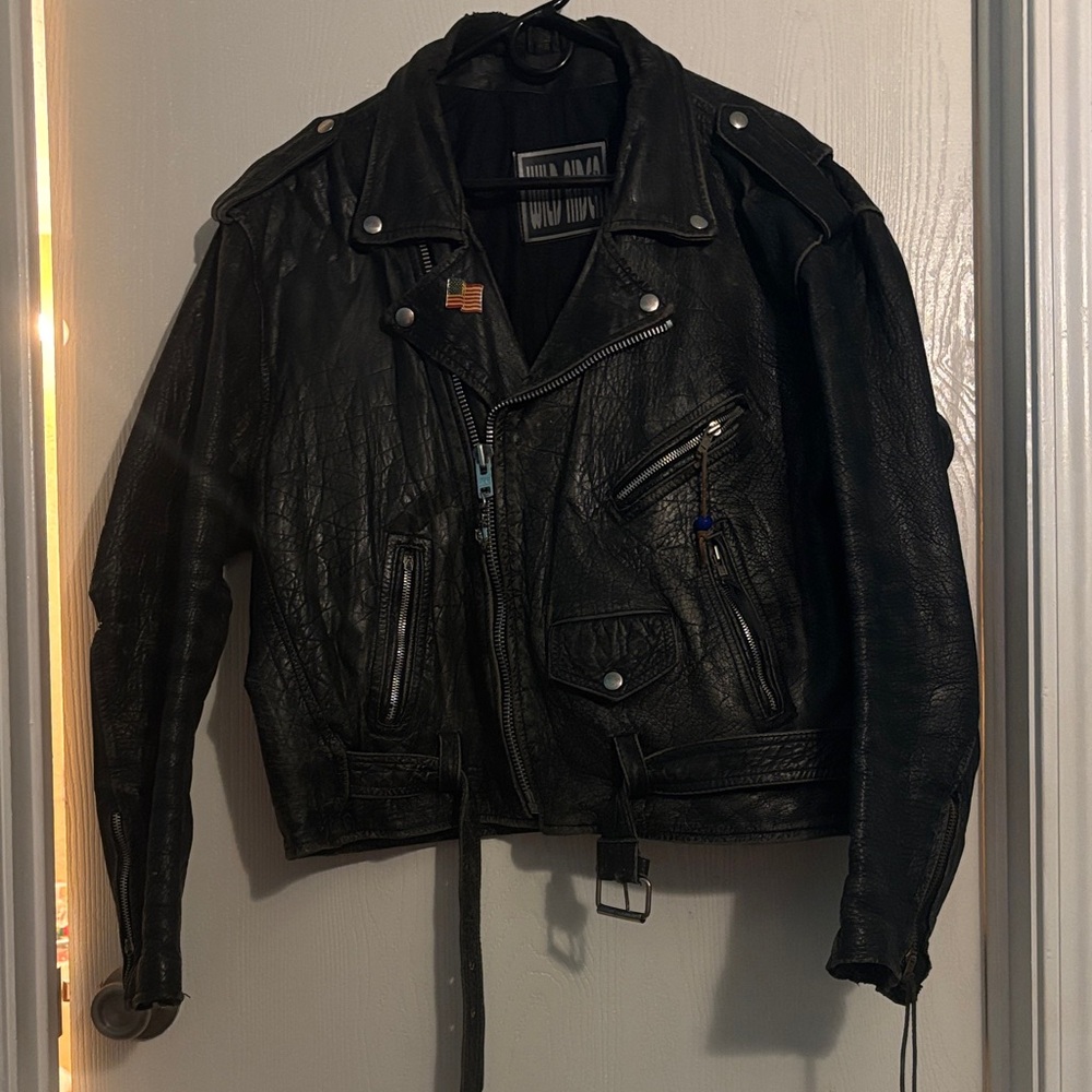 Vintage distressed Leather Biker Jacket
 cracking around back collar